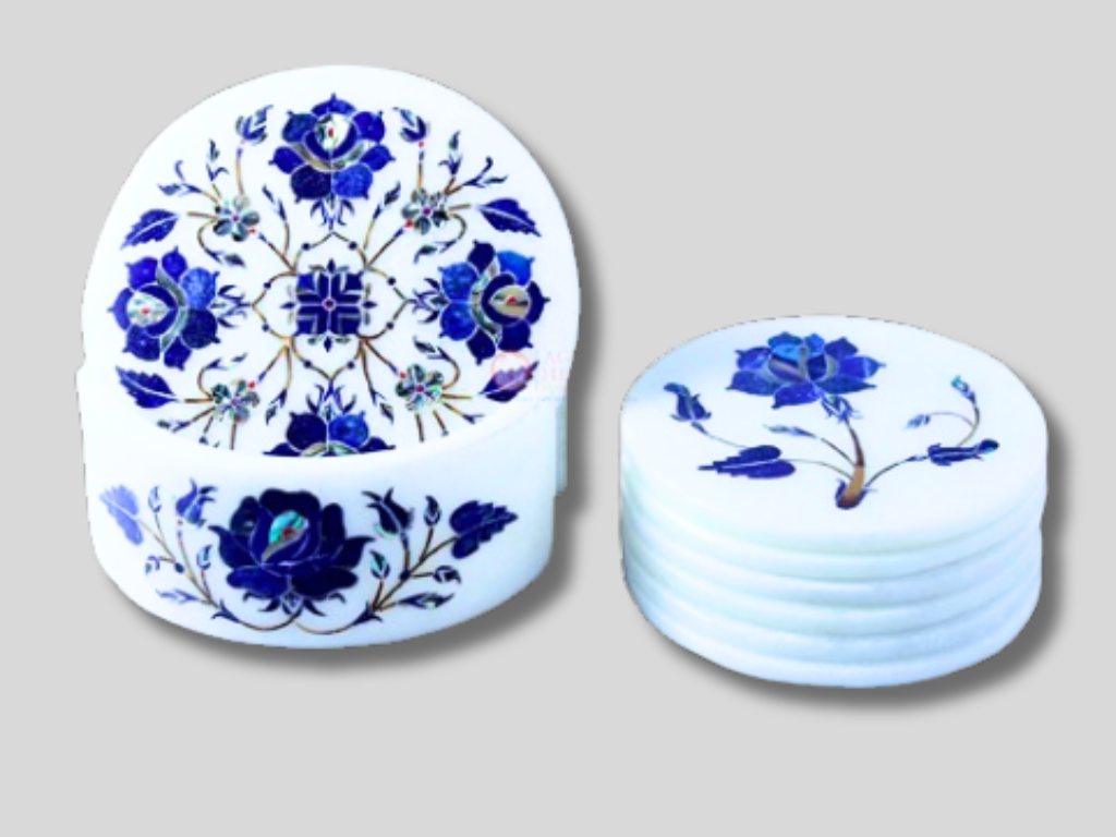 White Marble Coaster Set Lapis Lazuli Floral Inlay Art